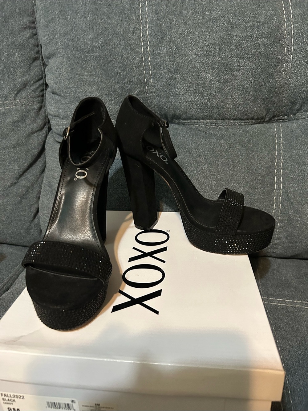 XOXO Black Rhinestone Platform Ankle-Strap Heels